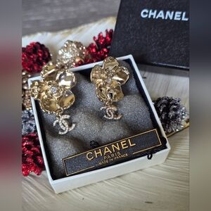 Authentic Chanel Camellia Earrings With CC Dangling
